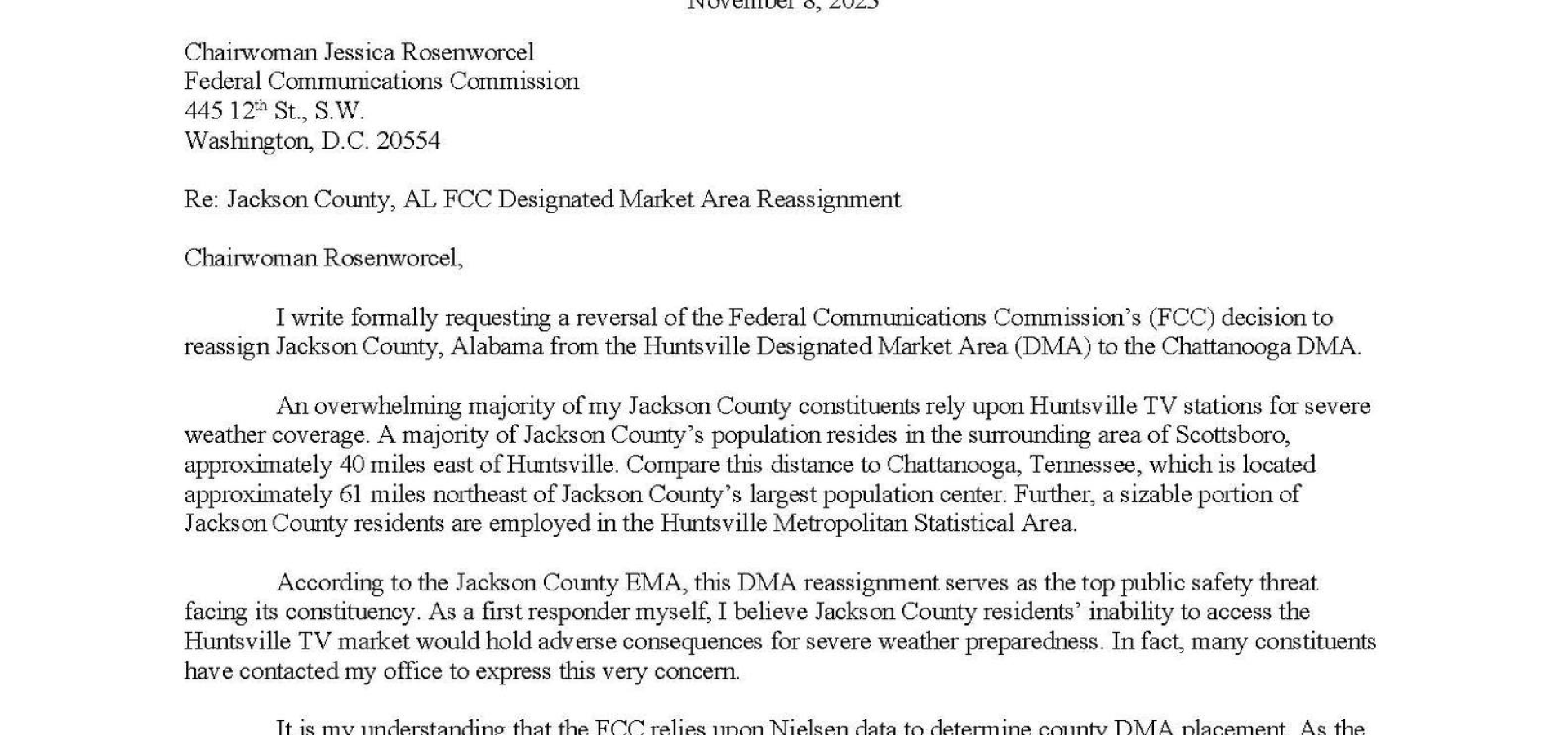 FCC letter sent by Congressman Strong